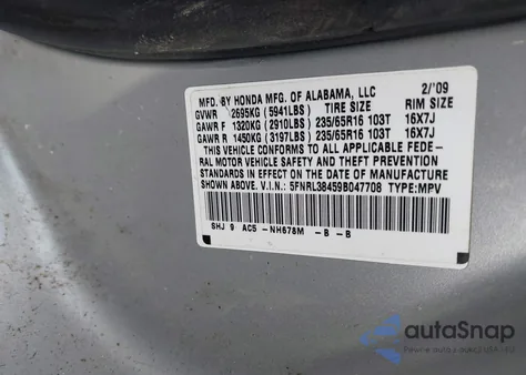 2009 Honda Odyssey Ex z USA, uszkodzony, nr VIN 5FNRL38459B047708